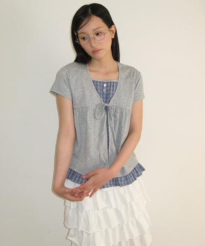 韓國 Ronron Cardigan Layered Soft Check T Shirt【RR009】