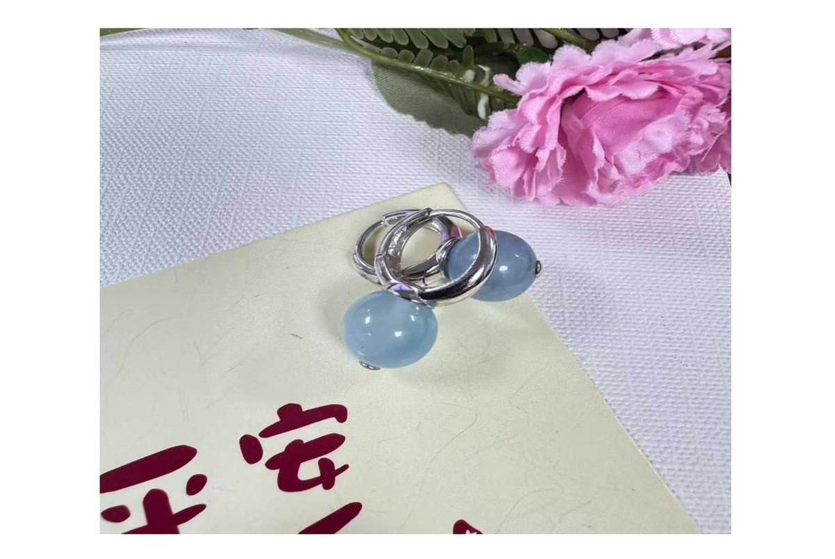 海藍寶銀鑲耳扣 10.6mm【SE1095】