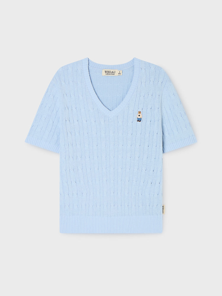 韓國 WhoAU Steve V-neck Cable Short Sleeve Sweater【WA329】