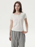 韓國 WhoAU Eyelet Henry Neck T-shirt【WA354】