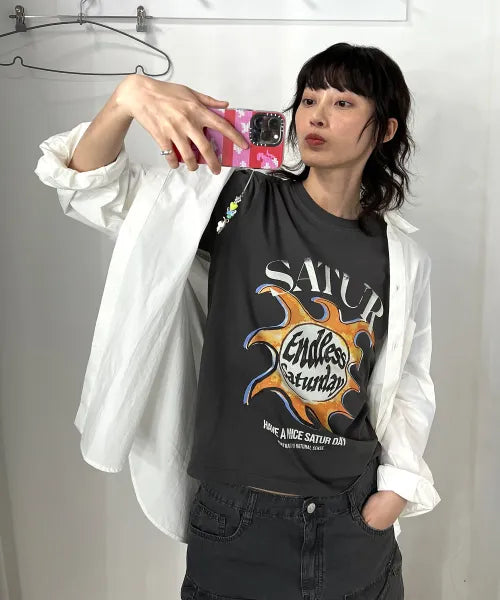 韓國 Satur Sun Retro Graphic Short Sleeve T-shirt【SR405】