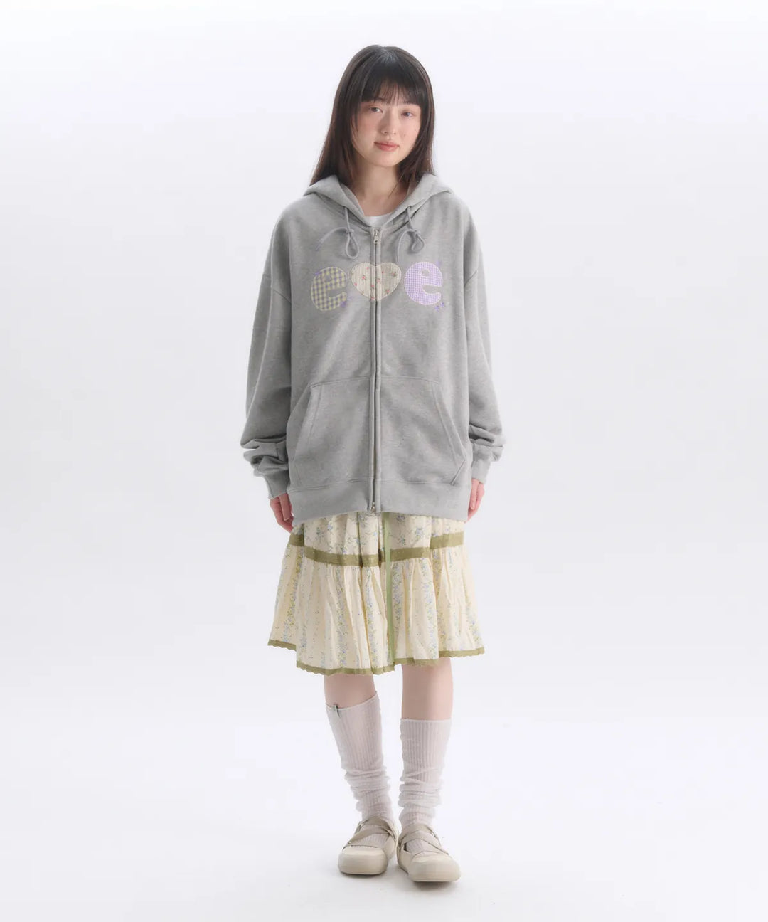 韓國 Ambler Check Flower Embroidered Zip-Up Hooded Jacket【AR173】