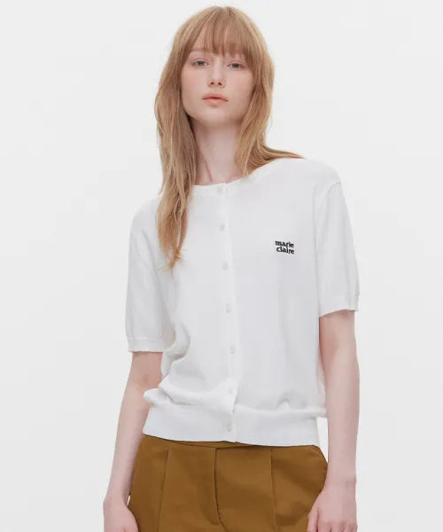 韓國 Marie Claire Basic Logo Round Short-Sleeve Cardigan【SC659】