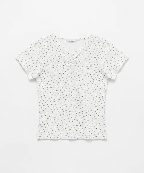 韓國 Marie Claire V Neck Flower T-Shirt【SC656】