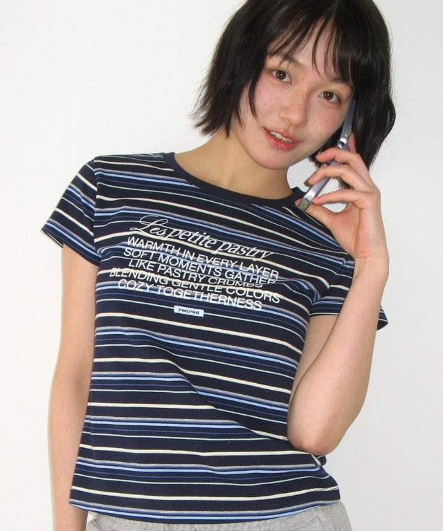 韓國 Ronron Multi Stripe Lettering T Shirt【RR002】
