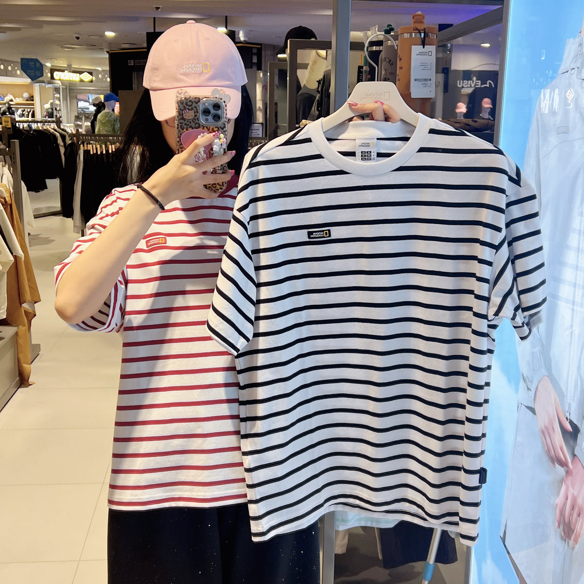韓國 National Geographic Striped Semi-Overfit Pocket Short Sleeve T-shirt【NG954】