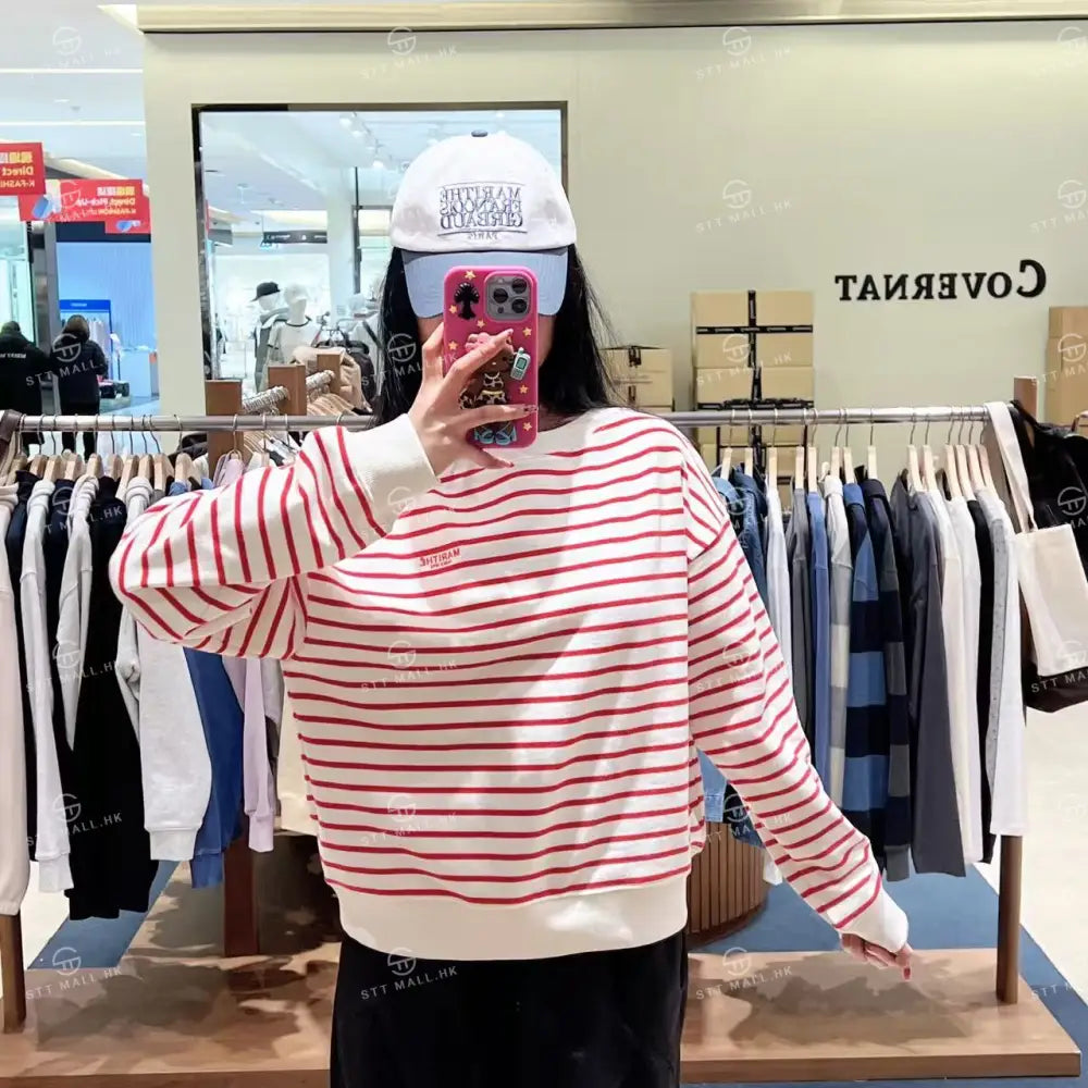 韓國 Marithe Francois Girbaud W Stripe Boatneck Crop Sweatshirt【MD178】