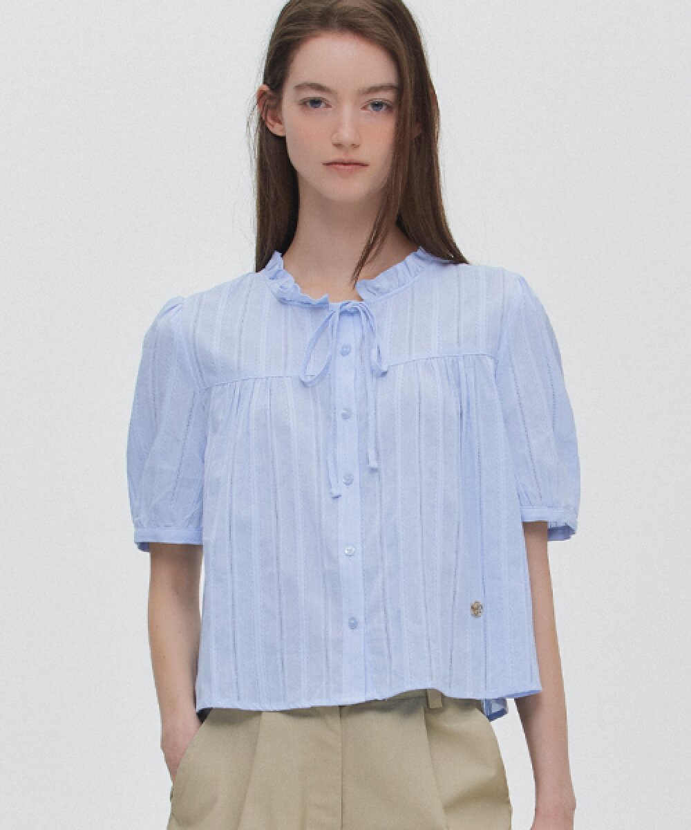 韓國 Marie Claire Lace Neck Shirring Ribbon Blouse【SC661】