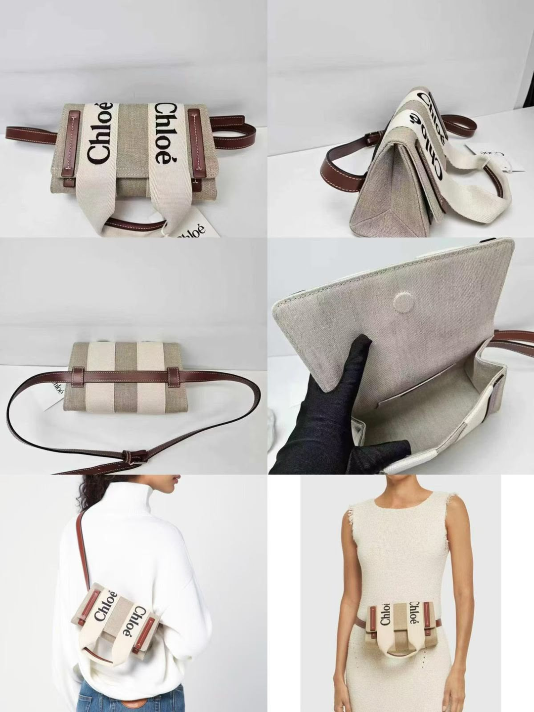 Chloe Woody Linen Fanny Packs Belt Bag in White/Brown [SM1559]